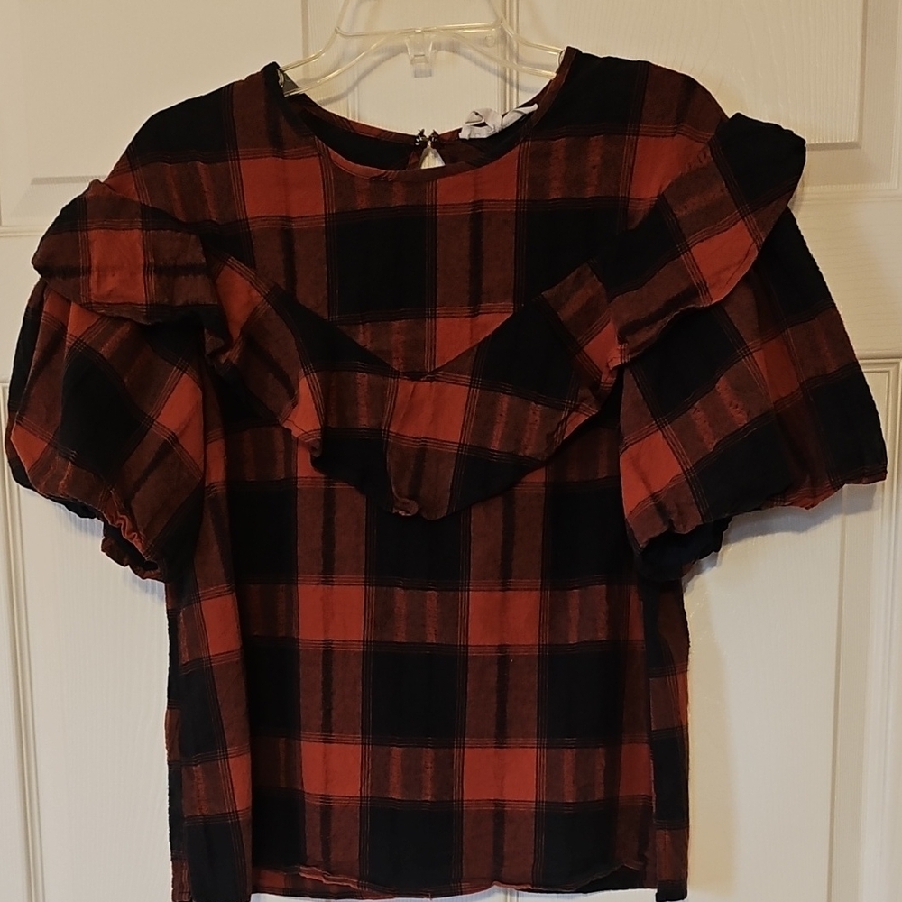 BCBGeneratiom Red and Blue Plaid and Check Blouse with Ruffles